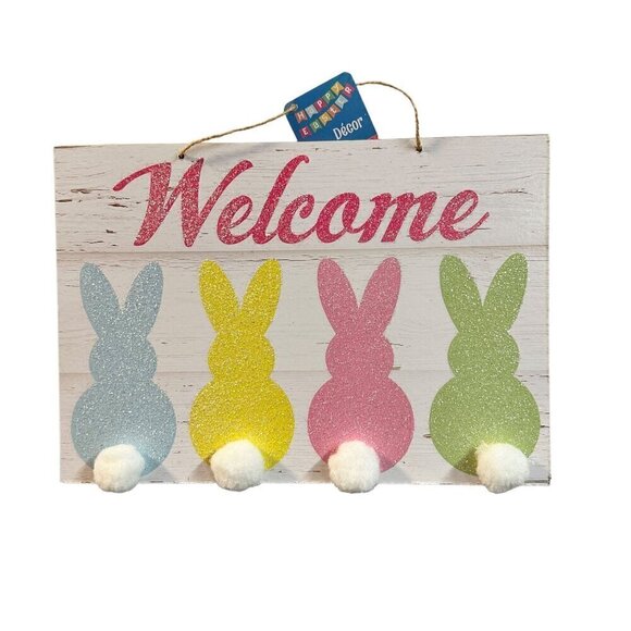 Easter Bunny Welcome Sign 14x8 in Glitter Pastel Spring Door Wall Decor Rabbit - Picture 5 of 7